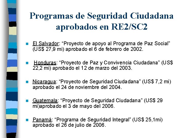 Programas de Seguridad Ciudadana aprobados en RE 2/SC 2 n El Salvador: “Proyecto de