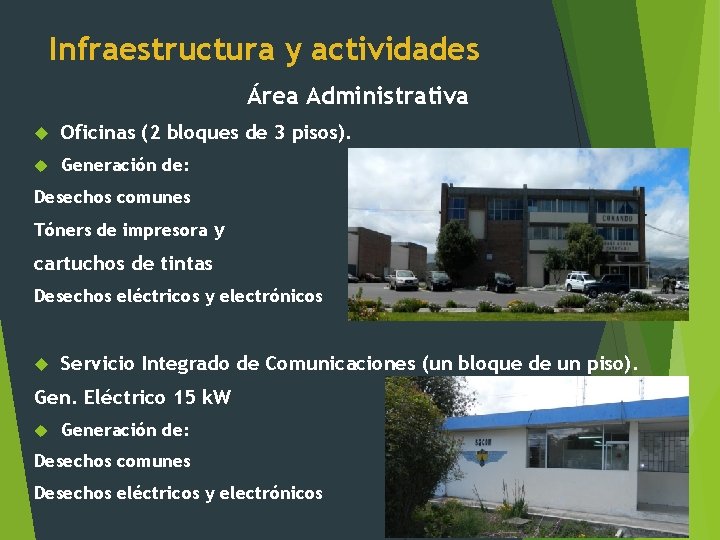 Infraestructura y actividades Área Administrativa Oficinas (2 bloques de 3 pisos). Generación de: Desechos