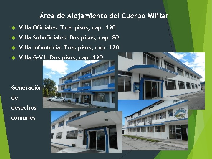 Área de Alojamiento del Cuerpo Militar Villa Oficiales: Tres pisos, cap. 120 Villa Suboficiales: