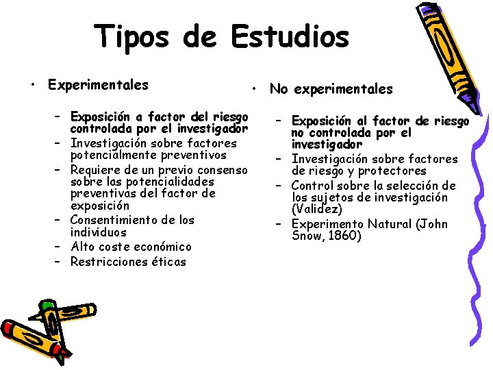 Tipos de Estudios • Experimentales – Exposición a factor del riesgo controlada por el