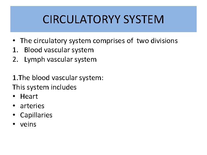 CIRCULATORYY SYSTEM • The circulatory system comprises of two divisions 1. Blood vascular system