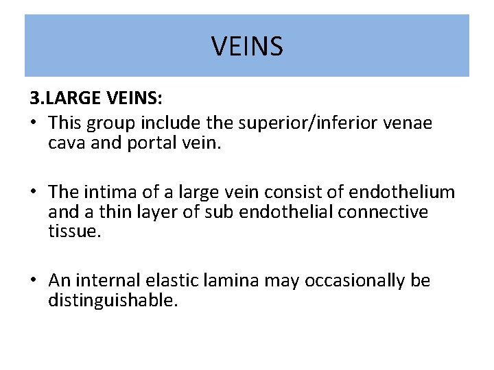 VEINS 3. LARGE VEINS: • This group include the superior/inferior venae cava and portal