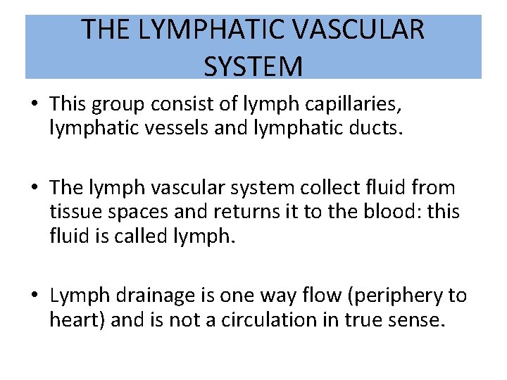 THE LYMPHATIC VASCULAR SYSTEM • This group consist of lymph capillaries, lymphatic vessels and