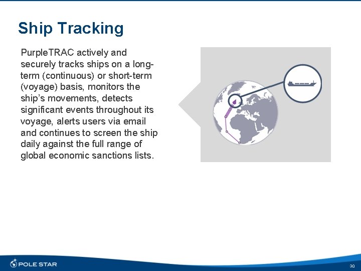 Ship Tracking Purple. TRAC actively and securely tracks ships on a longterm (continuous) or