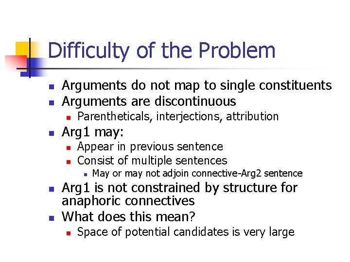 Difficulty of the Problem n n Arguments do not map to single constituents Arguments