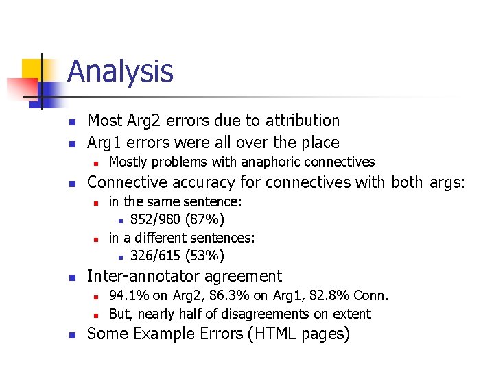 Analysis n n Most Arg 2 errors due to attribution Arg 1 errors were