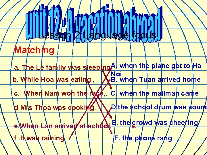 B Lesson 2: Language focus Matching a. The Le family was sleeping. A. when