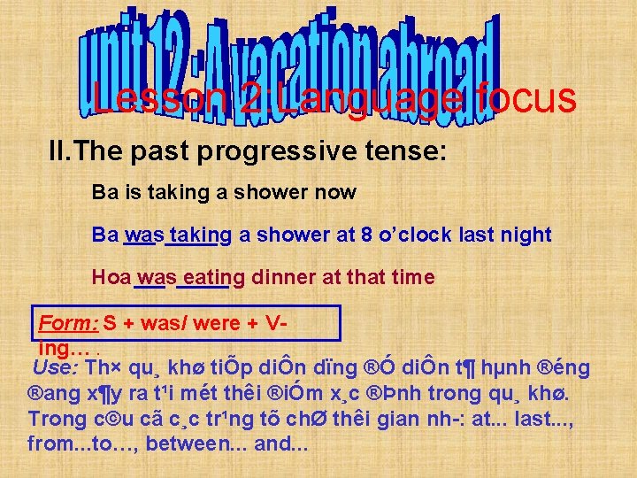 Lesson 2: Language focus II. The past progressive tense: Ba is taking a shower Lesson 2: Language focus II. The past progressive tense: Ba is taking a shower