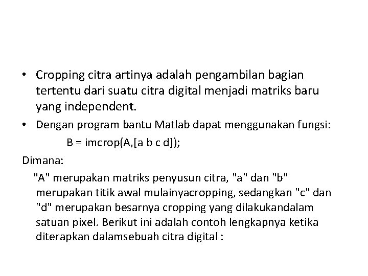  • Cropping citra artinya adalah pengambilan bagian tertentu dari suatu citra digital menjadi