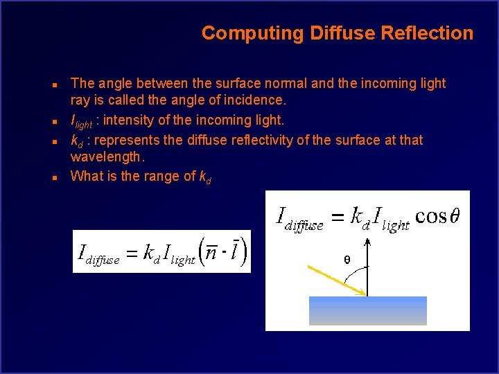 Computing Diffuse Reflection n n The angle between the surface normal and the incoming