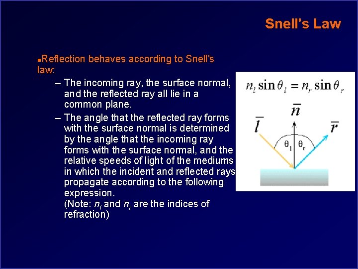 Snell's Law Reflection behaves according to Snell's law: – The incoming ray, the surface