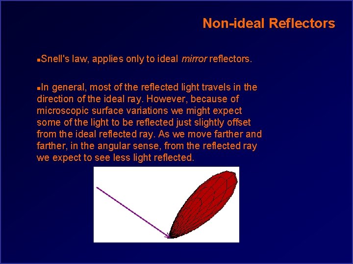 Non-ideal Reflectors n Snell's law, applies only to ideal mirror reflectors. In general, most