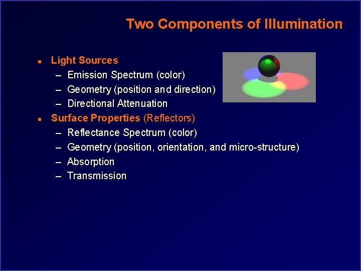 Two Components of Illumination n n Light Sources – Emission Spectrum (color) – Geometry