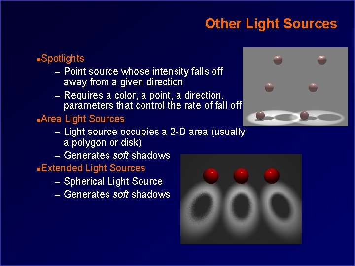 Other Light Sources Spotlights – Point source whose intensity falls off away from a