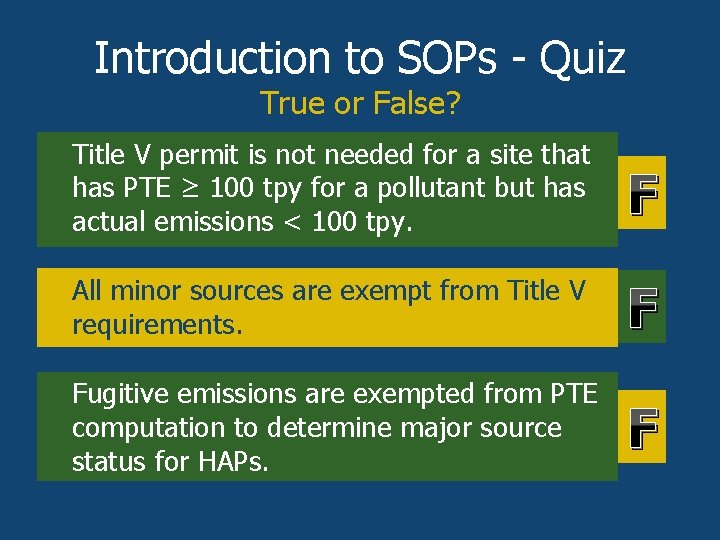 Introduction to SOPs - Quiz True or False? • Title V permit is not