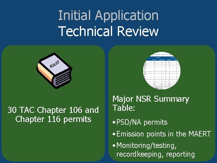 Initial Application Technical Review 30 TAC Chapter 106 and Chapter 116 permits Major NSR