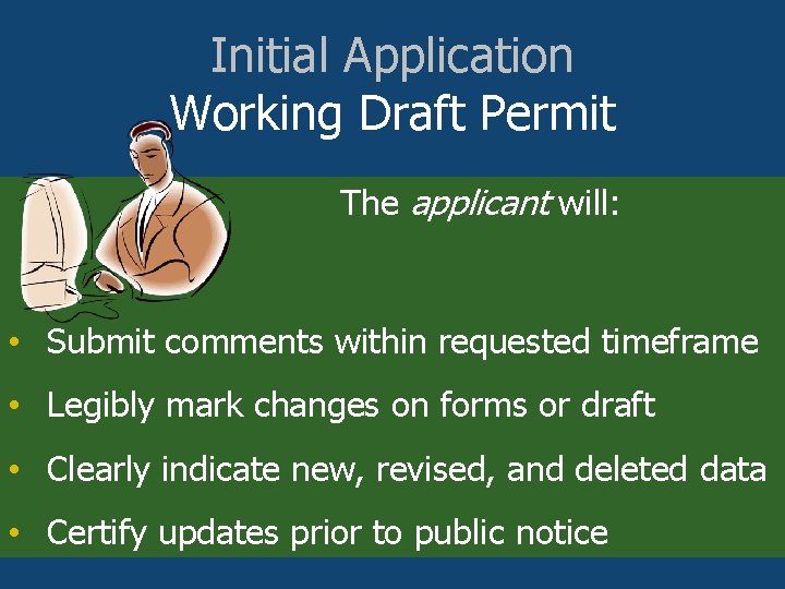 Initial Application Working Draft Permit The applicant will: • Submit comments within requested timeframe