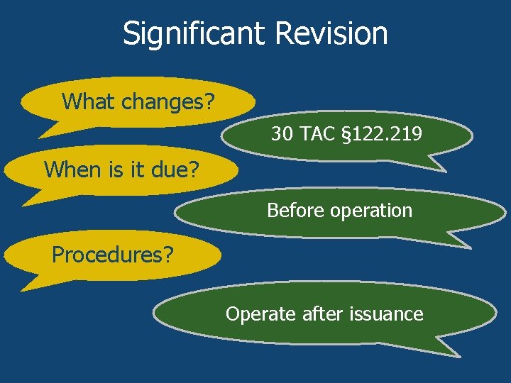 Significant Revision What changes? 30 TAC § 122. 219 When is it due? Before