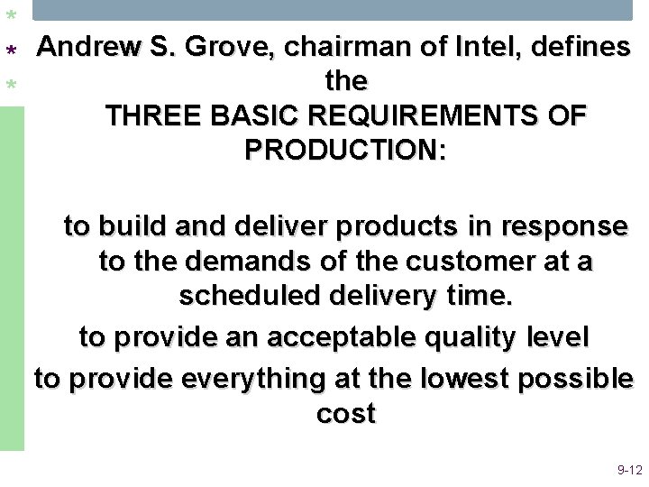 * * Andrew S. Grove, chairman of Intel, defines the * THREE BASIC REQUIREMENTS