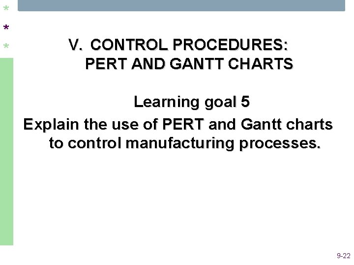 * * * V. CONTROL PROCEDURES: PERT AND GANTT CHARTS Learning goal 5 Explain