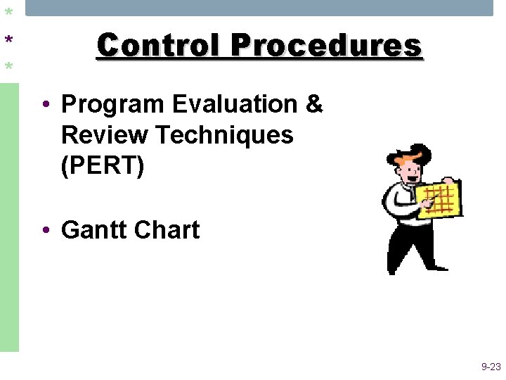 * * * Control Procedures • Program Evaluation & Review Techniques (PERT) • Gantt