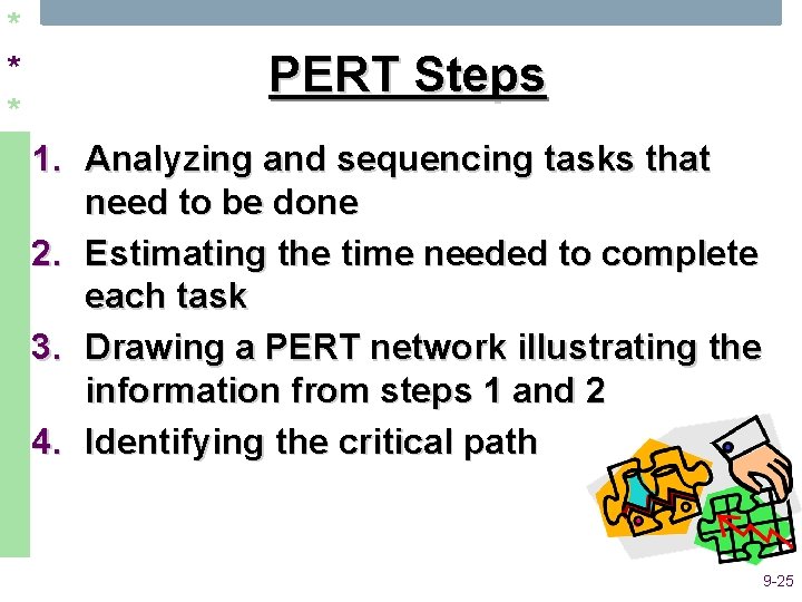 * * * PERT Steps 1. Analyzing and sequencing tasks that need to be