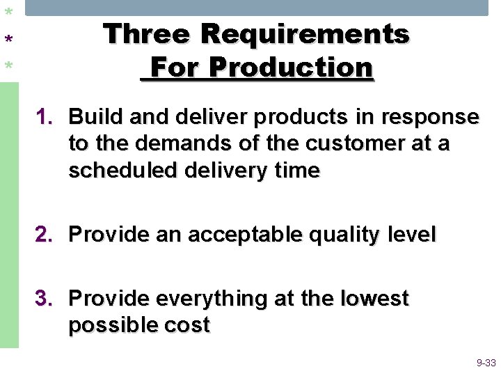 * * * Three Requirements For Production 1. Build and deliver products in response