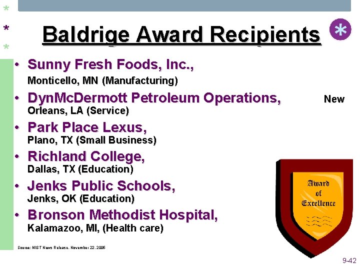 * * * Baldrige Award Recipients • Sunny Fresh Foods, Inc. , Monticello, MN