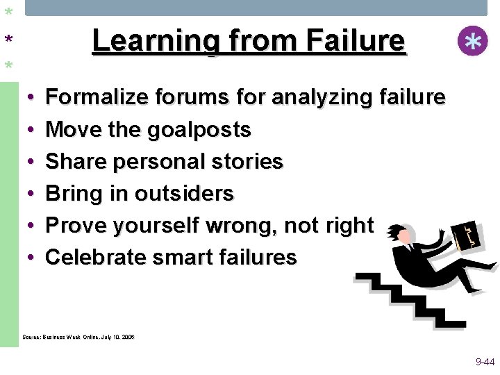 * * * Learning from Failure • • • Formalize forums for analyzing failure