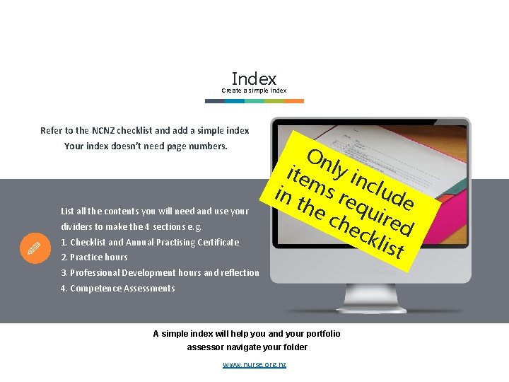 Index Create a simple index Refer to the NCNZ checklist and add a simple