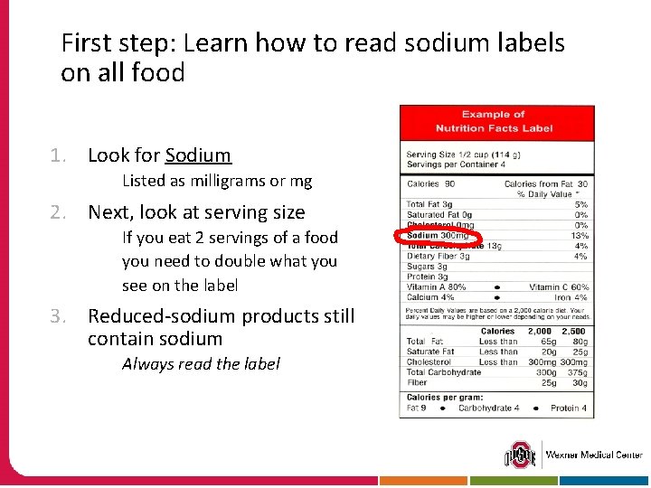 First step: Learn how to read sodium labels on all food 1. Look for