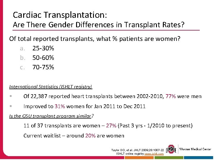 Cardiac Transplantation: Are There Gender Differences in Transplant Rates? Of total reported transplants, what