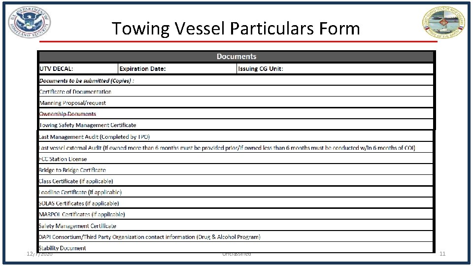 Towing Vessel Particulars Form 12/7/2020 Unclassified 11 