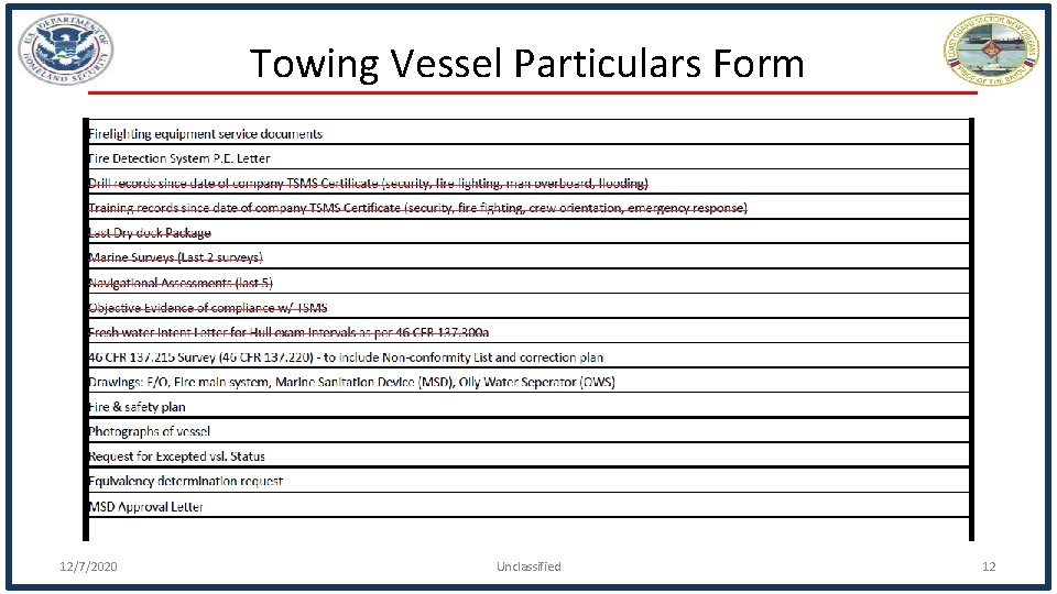 Towing Vessel Particulars Form 12/7/2020 Unclassified 12 