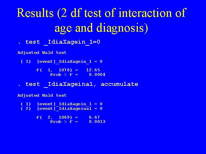 Results (2 df test of interaction of age and diagnosis). test _Idia. Xagein_1=0 Adjusted