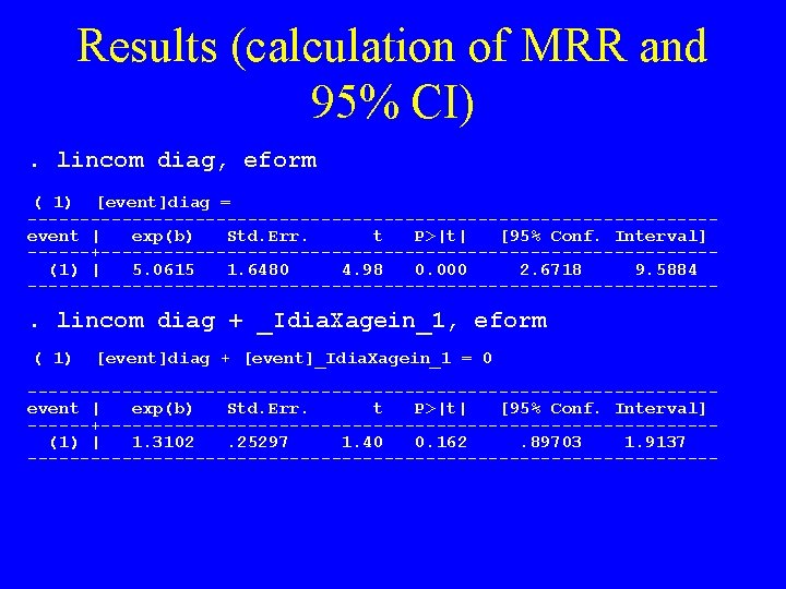 Results (calculation of MRR and 95% CI). lincom diag, eform ( 1) [event]diag =