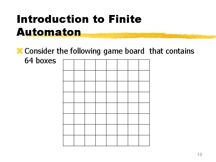 Introduction to Finite Automaton z Consider the following game board that contains 64 boxes