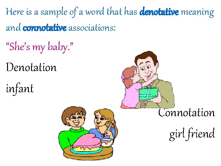 Here is a sample of a word that has denotative meaning and connotative associations:
