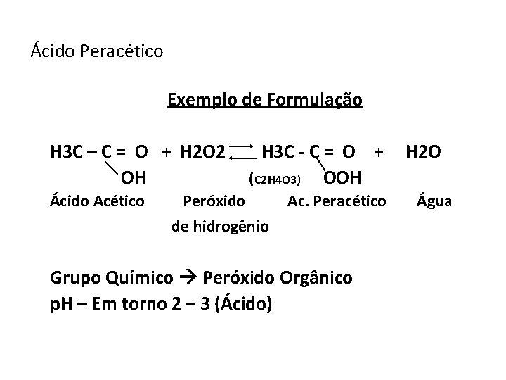Ácido Peracético Exemplo de Formulação H 3 C – C = O + H