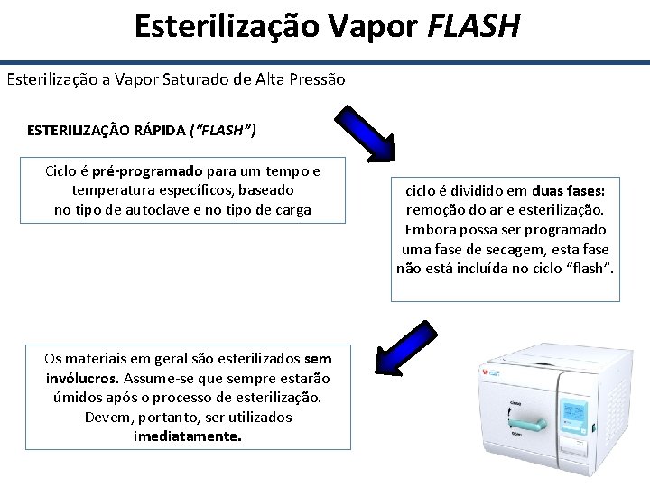  Esterilização Vapor FLASH Esterilização a Vapor Saturado de Alta Pressão ESTERILIZAÇÃO RÁPIDA (“FLASH”)