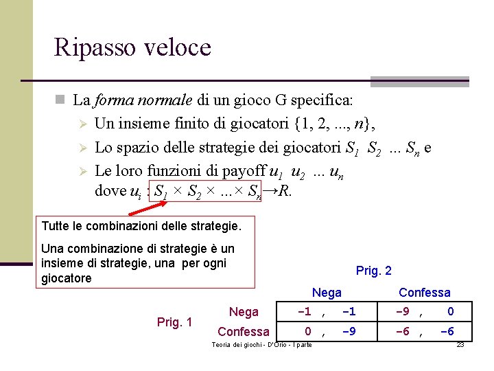Ripasso veloce n La forma normale di un gioco G specifica: Ø Ø Ø