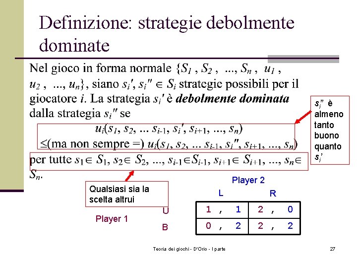 Definizione: strategie debolmente dominate si” è almeno tanto buono quanto si’ Player 2 Qualsiasi