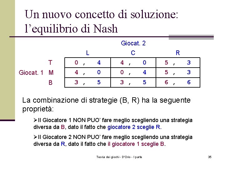 Un nuovo concetto di soluzione: l’equilibrio di Nash Giocat. 2 L T 0 ,
