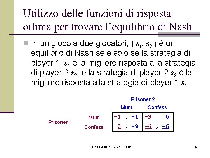 Utilizzo delle funzioni di risposta ottima per trovare l’equilibrio di Nash n In un