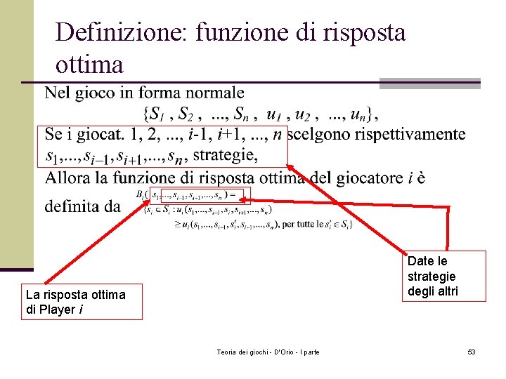 Definizione: funzione di risposta ottima Date le strategie degli altri La risposta ottima di