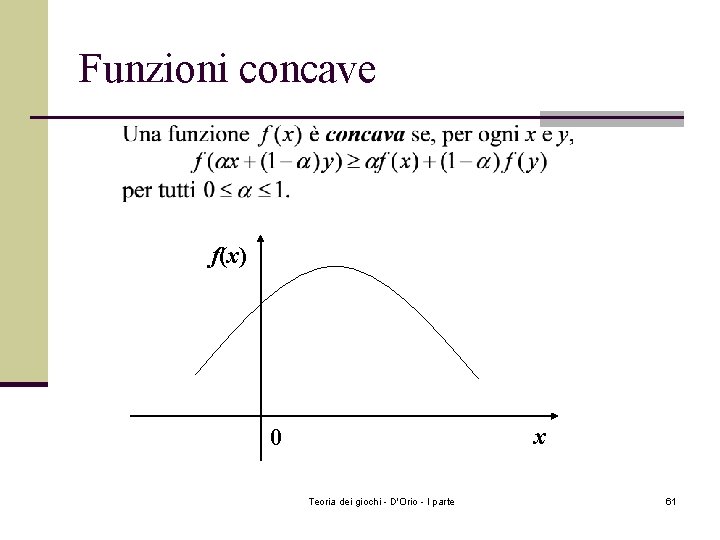 Funzioni concave f(x) x 0 Teoria dei giochi - D'Orio - I parte 61