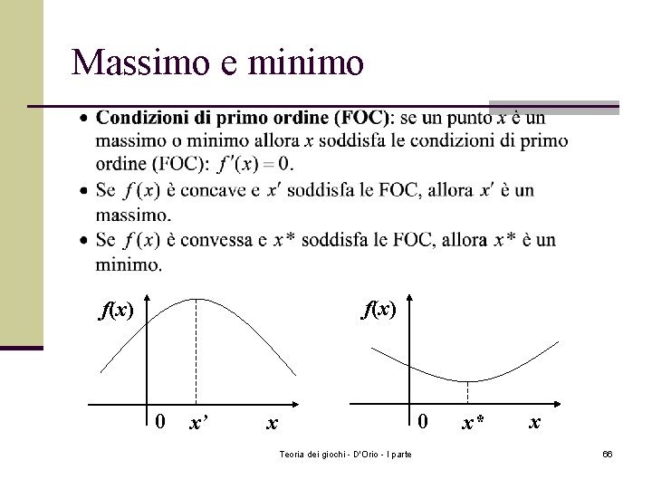 Massimo e minimo f(x) 0 x’ 0 x Teoria dei giochi - D'Orio -