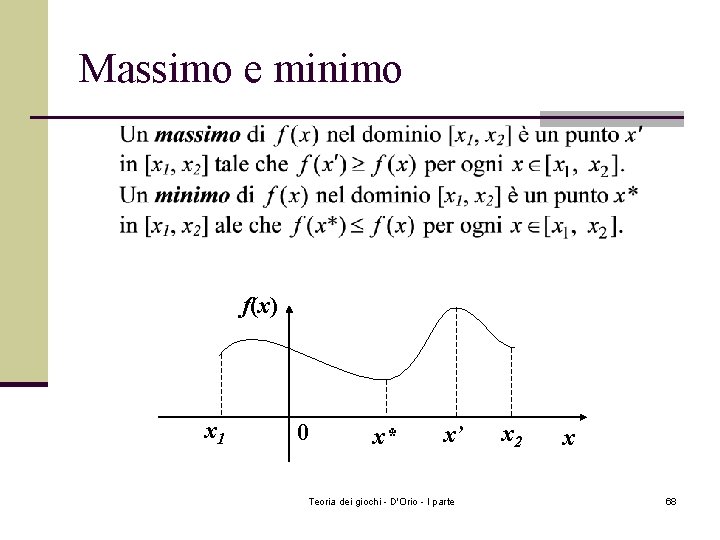 Massimo e minimo f(x) x 1 0 x* x’ Teoria dei giochi - D'Orio