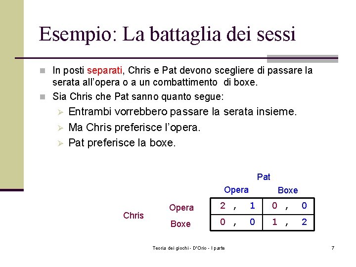 Esempio: La battaglia dei sessi n In posti separati, Chris e Pat devono scegliere