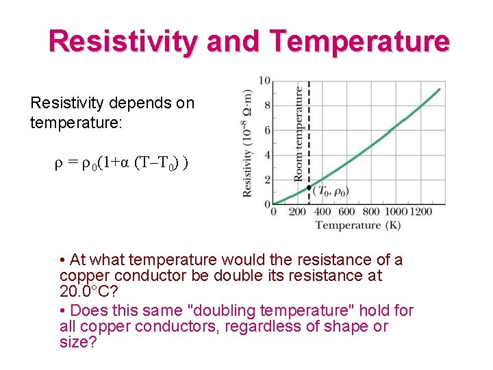Resistivity and Temperature Resistivity depends on temperature: ρ = ρ 0(1+α (T–T 0) )
